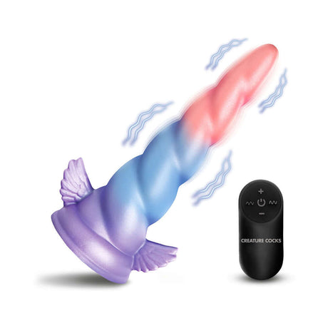 Creature Cocks Deluxe Dream Rider Vibrating Unicorn Dildo with remote control and spiral texture.