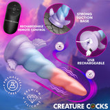 Creature Cocks Deluxe Dream Rider Vibrating Unicorn Dildo with remote control and suction base features.