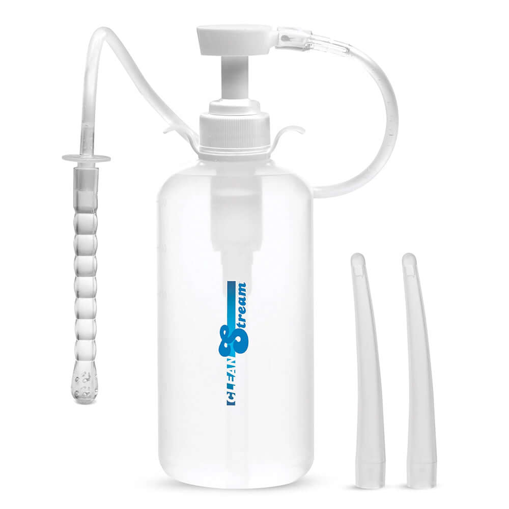 CleanStream XL Enema Bottle with 3 Attachments showcasing enema bottle and different nozzles.