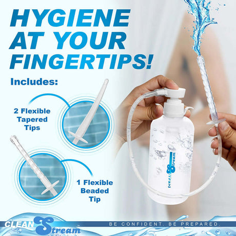 CleanStream XL Enema Bottle with 3 Attachments showcasing tips for personal hygiene.