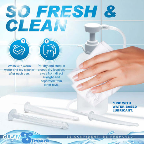 CleanStream XL Enema Bottle with 3 Attachments cleaning instructions and care tips.