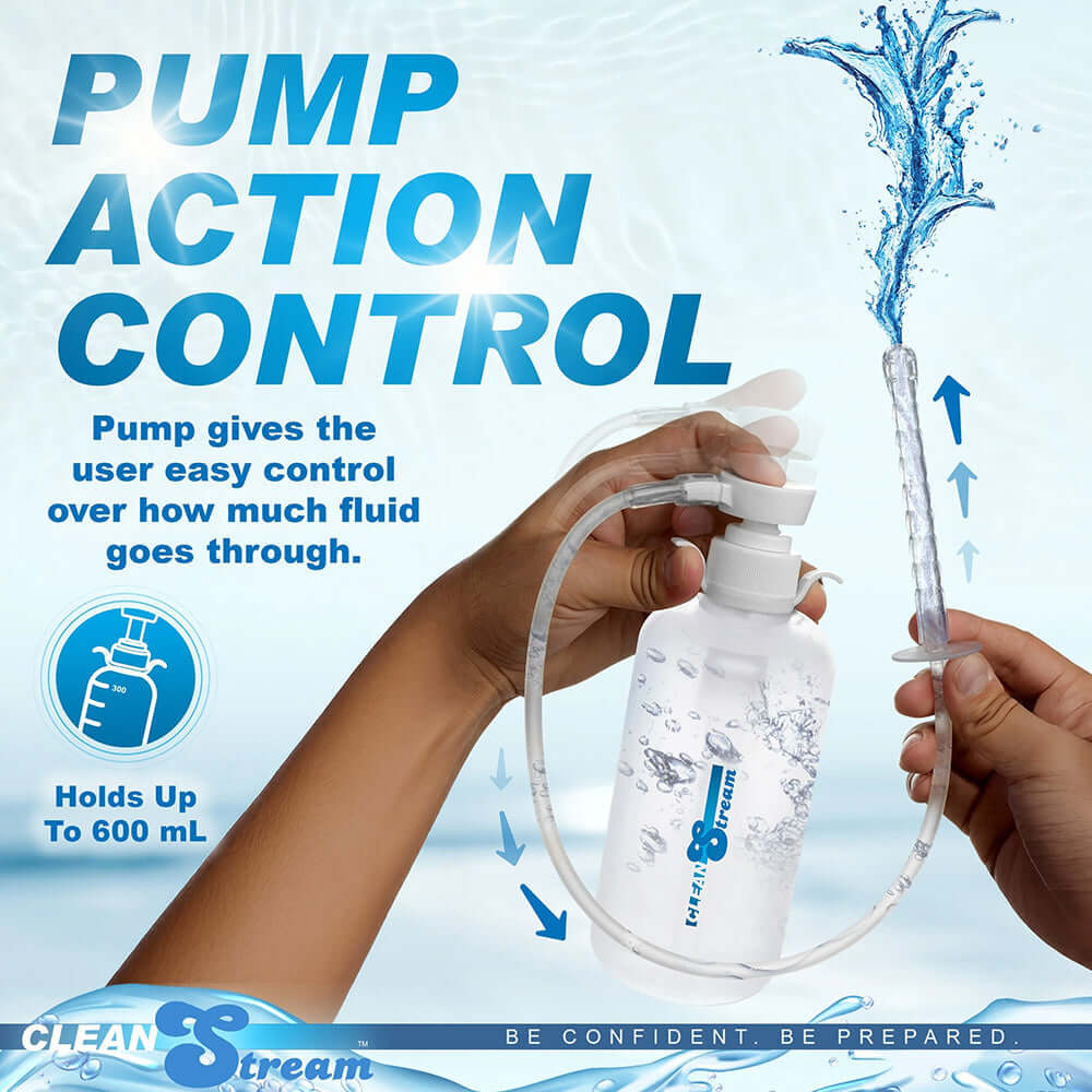 CleanStream XL Enema Bottle with 3 Attachments showing pump action control for easy fluid control.
