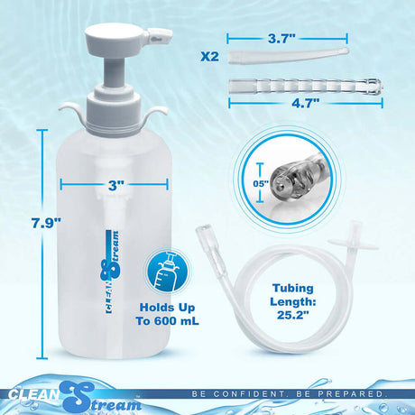 CleanStream XL Enema Bottle with 3 Attachments showcasing details and dimensions of the product.