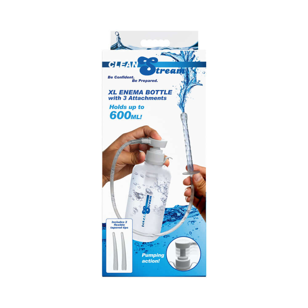 CleanStream XL Enema Bottle with 3 Attachments packaging showing 600mL capacity and pumping action.