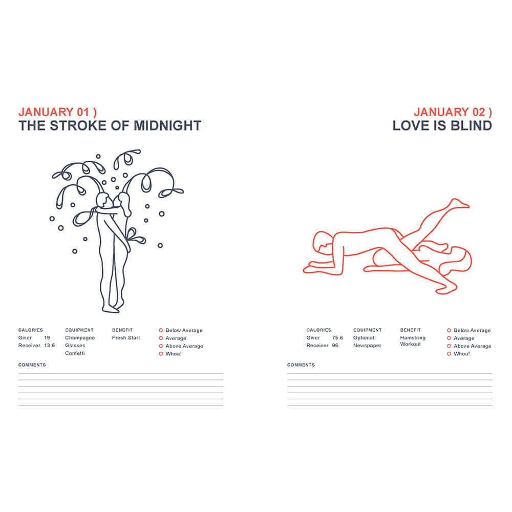 Illustration from Position of the Day Playbook Revised and Updated showing two sexual positions for January.