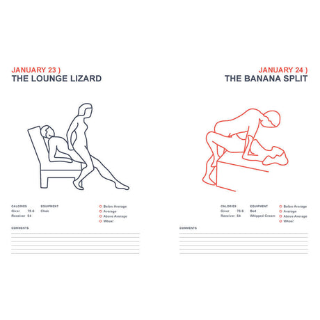 Image showing illustrations from the Position of the Day Playbook Revised and Updated, featuring 'The Lounge Lizard' and 'The Banana Split'.