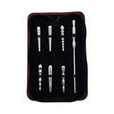 Rouge Stainless Steel Penis Plug Set 7 Pc with Bag displayed neatly in a zippered case with black interior.