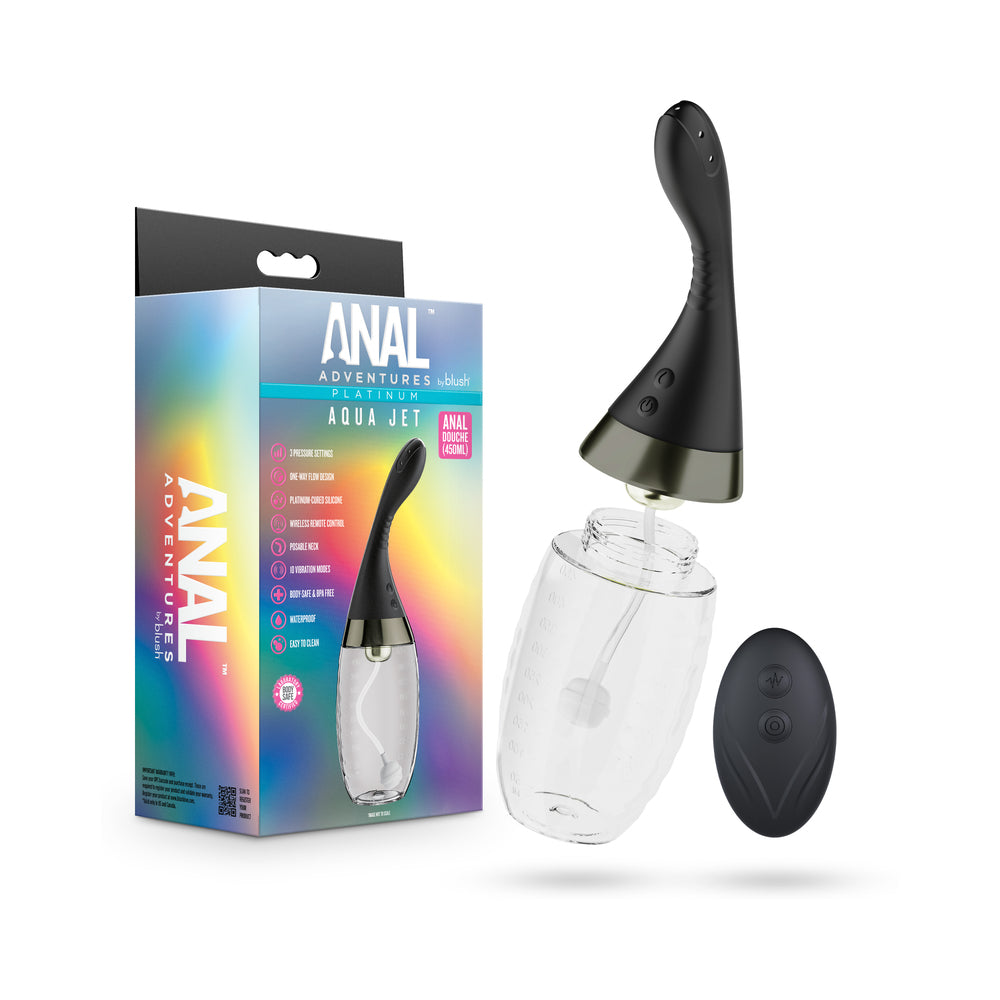 Anal Adventures Platinum Aqua Jet Black with customizable jet and precision spouts in packaging.