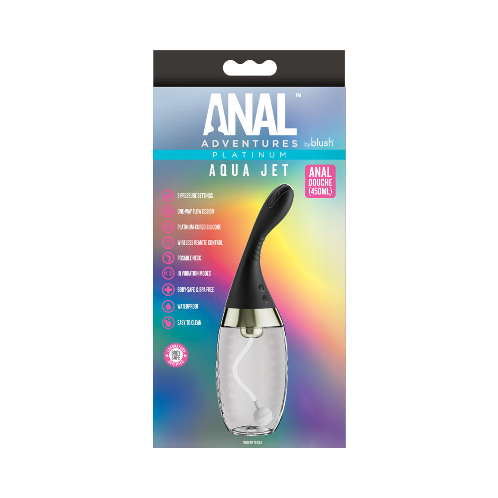 Anal Adventures Platinum Aqua Jet Black anal douche with 3-speed jet pressure and precision spouts.