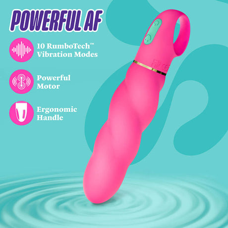 Aria Amazing AF 2.0 Rechargeable Vibe Fuchsia displayed with features like 10 RumboTech vibration modes and ergonomic handle.