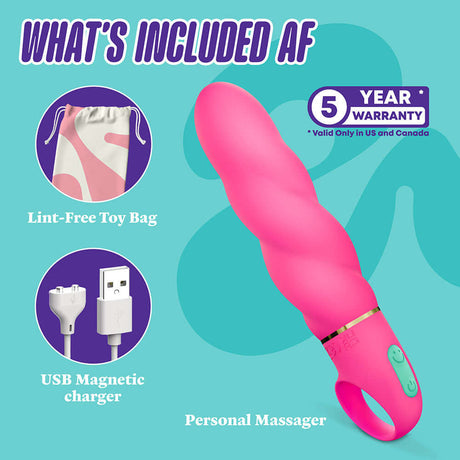 What's included with the Aria Amazing AF 2.0 Rechargeable Vibe Fuchsia: toy bag, USB charger, and personal massager.
