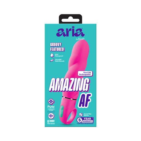 Aria Amazing AF 2.0 Rechargeable Vibe Fuchsia packaging showcasing powerful vibrator features and vibrant design.