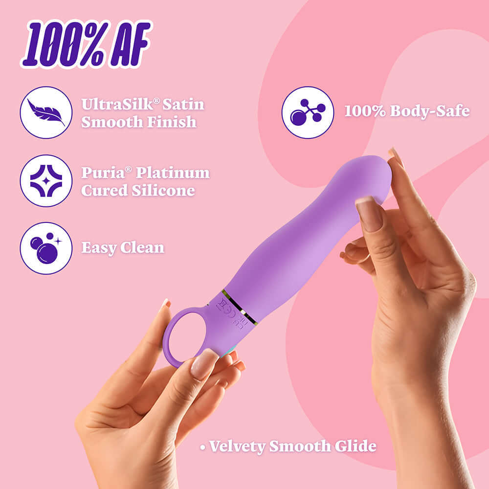 Aria Exciting AF 2.0 Rechargeable Vibe Indigo features UltraSilk finish and 100% body-safe materials, shown in a hands-on demonstration.
