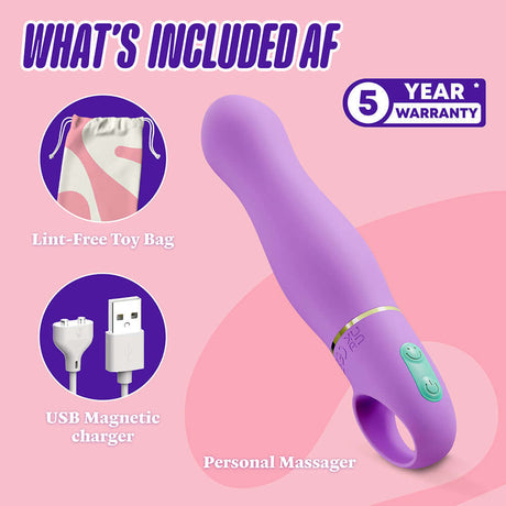 Aria Exciting AF 2.0 Rechargeable Vibe Indigo, USB charger, lint-free toy bag, and warranty included.