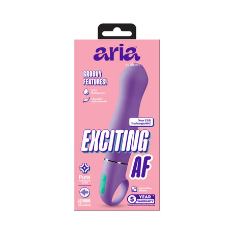 Aria Exciting AF 2.0 Rechargeable Vibe Indigo packaging featuring a sleek purple design and highlighted features.