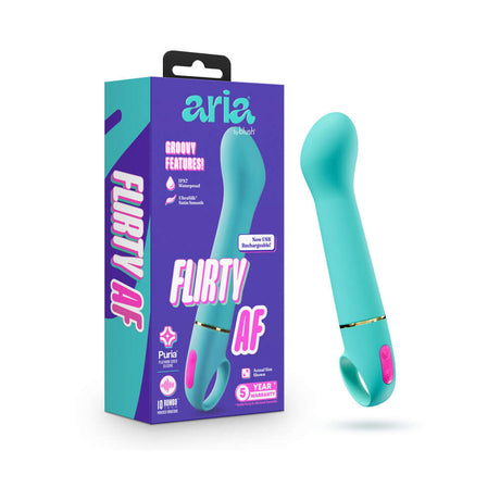 Aria Flirty AF 2.0 Rechargeable Vibe Teal with packaging showcasing its vibrant design and features.
