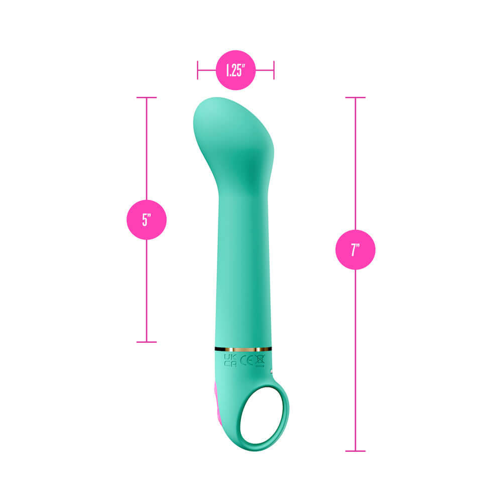 Aria Flirty AF 2.0 Rechargeable Vibe Teal shown with dimensions, highlighting its elegant design and powerful performance.