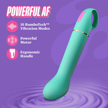 Aria Flirty AF 2.0 Rechargeable Vibe Teal with 10 RumboTech vibration modes and ergonomic handle.
