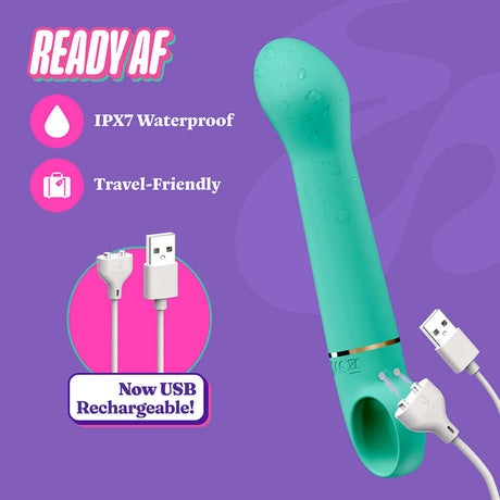 Aria Flirty AF 2.0 Rechargeable Vibe Teal showcasing its travel-friendly design and USB rechargeable feature.