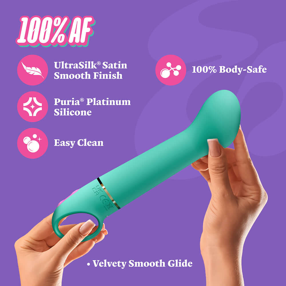 Aria Flirty AF 2.0 Rechargeable Vibe Teal held in hands, showcasing 100% body-safe materials and smooth finish.