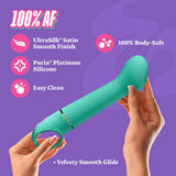 Aria Flirty AF 2.0 Rechargeable Vibe Teal held in hands, showcasing 100% body-safe materials and smooth finish.