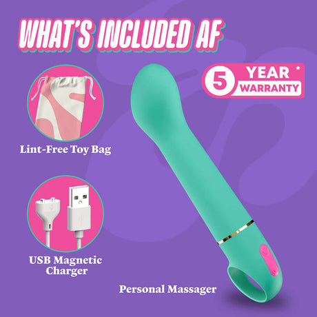 Aria Flirty AF 2.0 Rechargeable Vibe Teal product image showing included toy bag, USB charger, and personal massager.