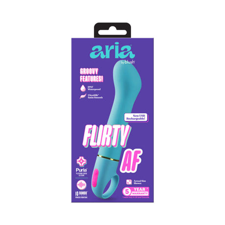 Aria Flirty AF 2.0 Rechargeable Vibe Teal packaging showcasing its elegant design and features.