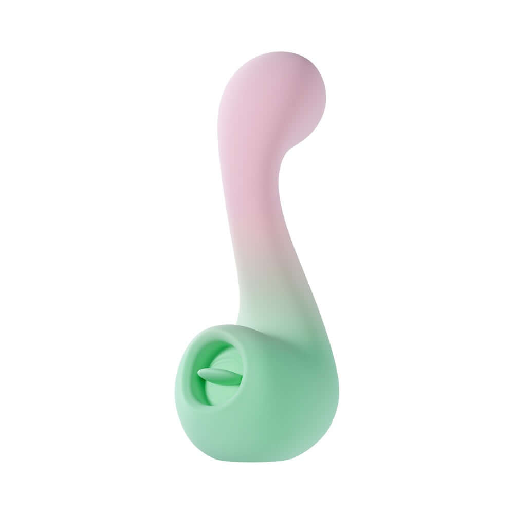 Play With Me Massager Melody Pink, a dual-ended vibrator in pink and green, designed for diverse pleasure sensations.