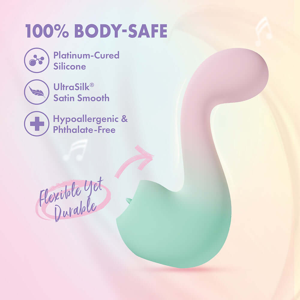 Play With Me Massager Melody Pink features 100% body-safe materials, including platinum-cured silicone for safe pleasure.
