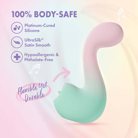 Play With Me Massager Melody Pink features 100% body-safe materials, including platinum-cured silicone for safe pleasure.