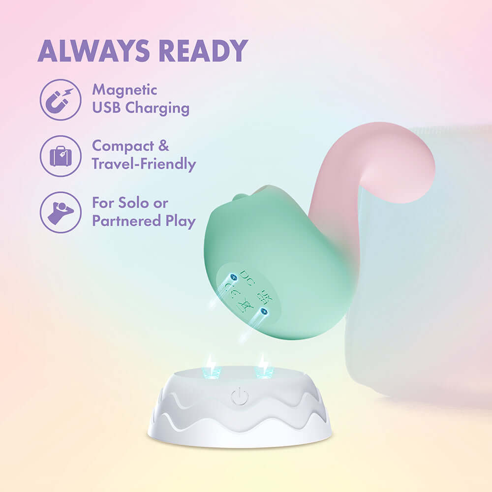 Play With Me Massager Melody Pink with magnetic USB charging, compact design for solo or partnered play.