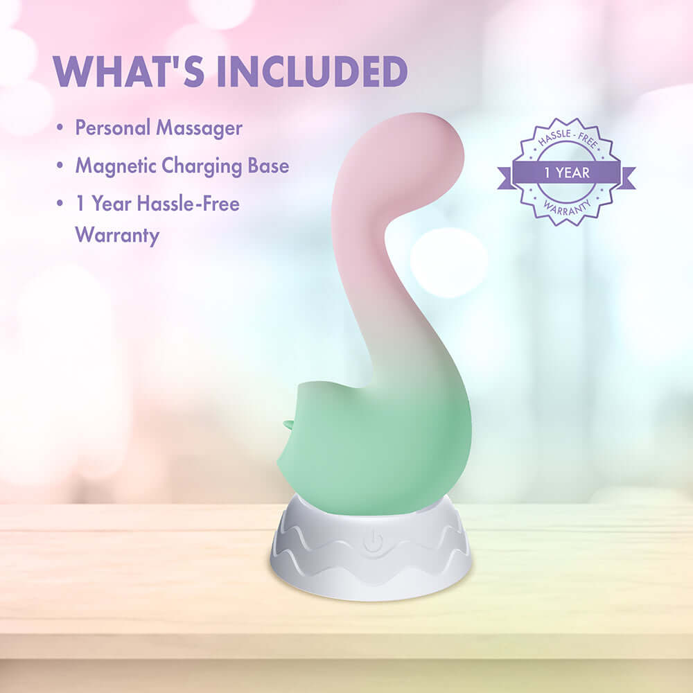 Play With Me Massager Melody Pink includes a personal massager, magnetic charging base, and 1-year hassle-free warranty.