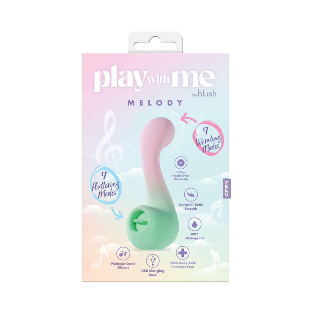 Play With Me Massager Melody Pink packaging featuring dual-ended vibrator with 7 vibrating modes.