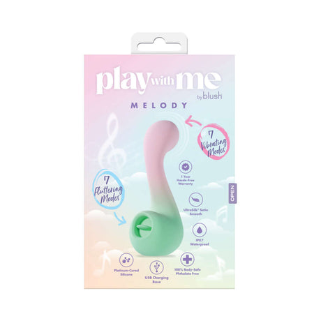 Play With Me Massager Melody Pink packaging featuring dual-ended vibrator with 7 vibrating modes.