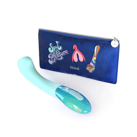 Biird Gii Glow Massager Mint and blue pouch, perfect for sensual pleasure and discreet storage.