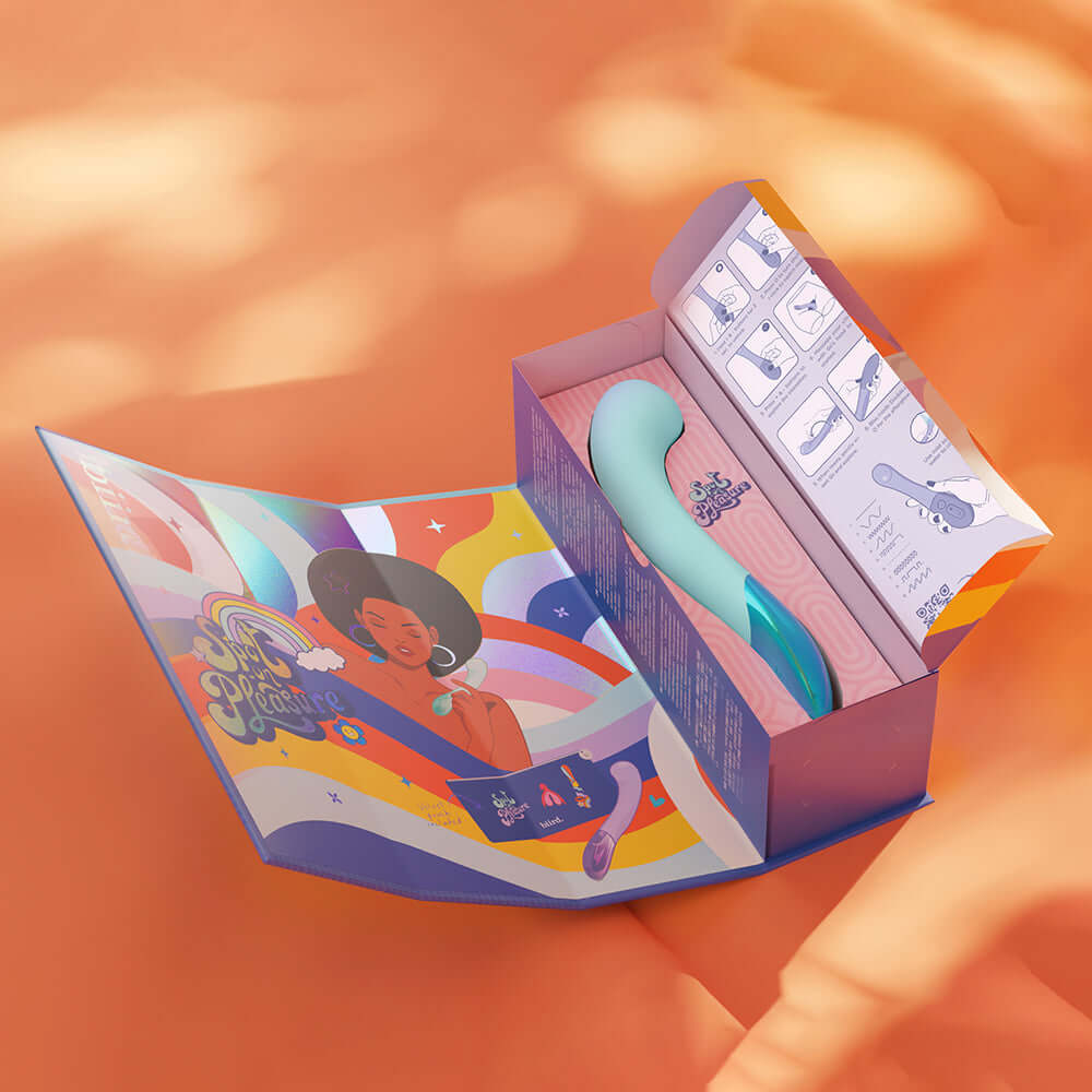 Biird Gii Glow Massager Mint in colorful packaging with instructional guide alongside a design illustration.