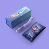 Biird Gii Glow Massager Lilac with stylish packaging and pouch on a lilac background.