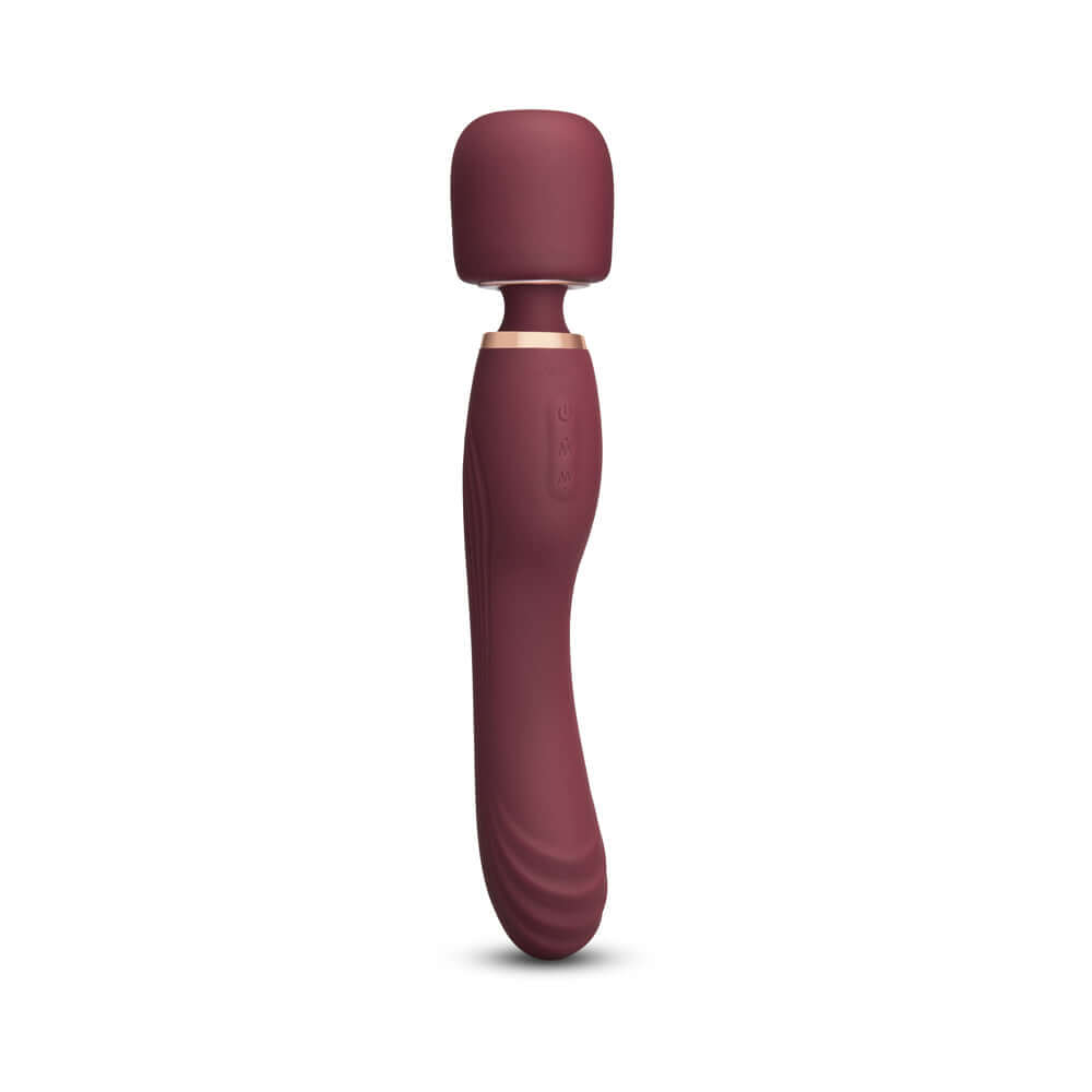 Le Wand Flat Top Fusion G Double-Ended Petite Wand Vibrator in burgundy with a rounded head for targeted pleasure.