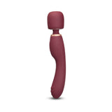 Le Wand Flat Top Fusion G Double-Ended Petite Wand Vibrator in burgundy with curved design for targeted pleasure.
