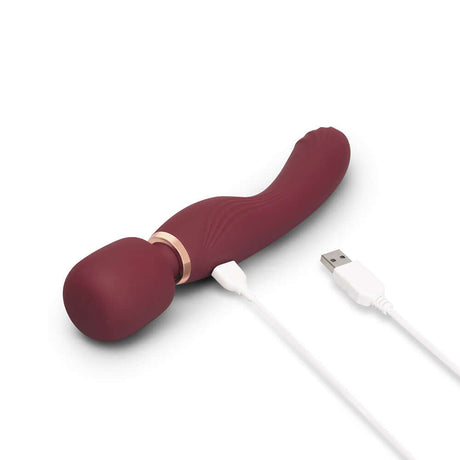 Le Wand Flat Top Fusion G Double-Ended Petite Wand Vibrator in burgundy color with USB charging cable.