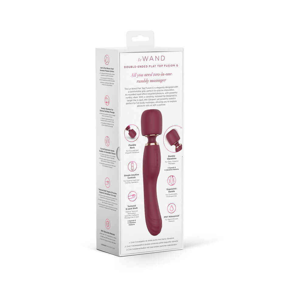 Le Wand Flat Top Fusion G Double-Ended Petite Wand Vibrator packaging showing design and features.