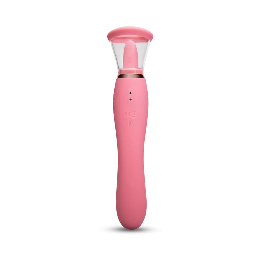 Le Wand Lick Double Ended Vibrator in pink, featuring silicone tongue for oral stimulation and G-spot massage.
