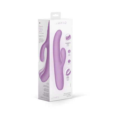 Le Wand Hither Rocking Rabbit Vibrator packaging showcasing its curved design and dual-stimulation features.