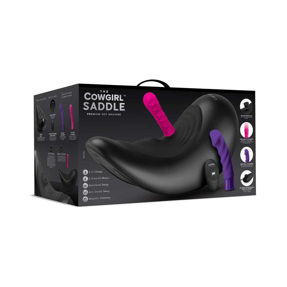 The Cowgirl Saddle Machine Black packaging displaying innovative design and features for optimal use.