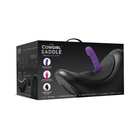 The Cowgirl Saddle Machine Black product packaging with attachments and features highlighted.