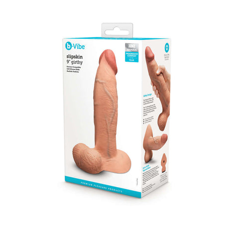 b-Vibe Slipskin Realistic Silicone Dildo 9 inch Girthy Mocha packaging and design showcasing its lifelike features.