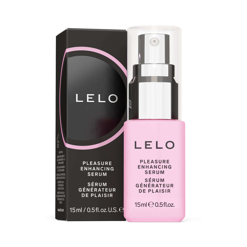 LELO Pleasure Enhancing Serum 0.5 Oz bottle and box with stimulating gel for heightened pleasure.