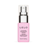 LELO Pleasure Enhancing Serum 0.5 Oz in a sleek pink bottle with a pump dispenser for heightened sensitivity.