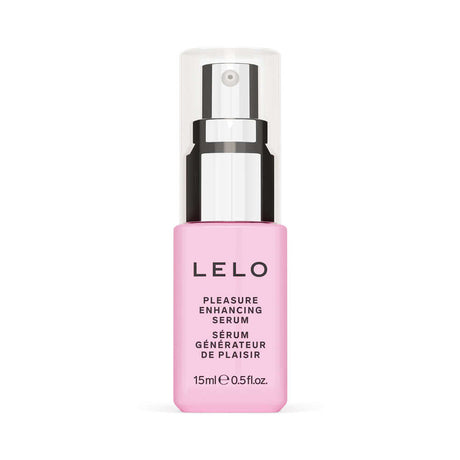 LELO Pleasure Enhancing Serum 0.5 Oz in a sleek pink bottle with a pump dispenser for heightened sensitivity.