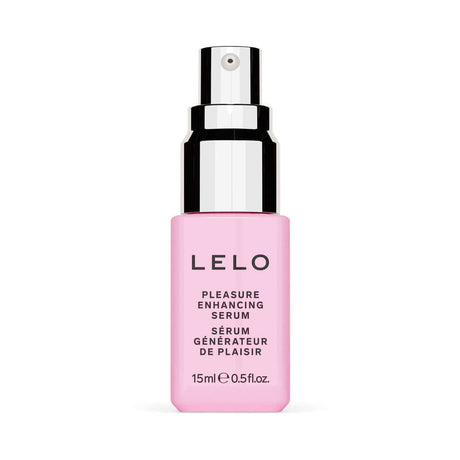 LELO Pleasure Enhancing Serum 0.5 Oz bottle showcasing luxurious stimulating gel for heightened pleasure.